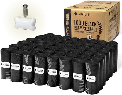 GORILLA SUPPLY Dog Poop Waste Bags with Dispenser and Leash Tie, 9" x 13", Black, 1000 Count - color: Black