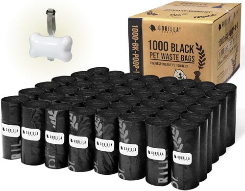 GORILLA SUPPLY Dog Poop Waste Bags with Dispenser and Leash Tie, 9" x 13", Black, 1000 Count - color: Black