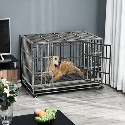 LEMBERI 48 Inch Heavy Duty Indestructible Dog Crate, 500lbs Capacity Escape Proof Double Door Kennel with Lockable Wheels, 36" Tall XL Dog Cage with 0.8" Steel Tubes, Removable Tray, Silver - color: Silver, size: 47.2"L x 30.7"W x 36"H