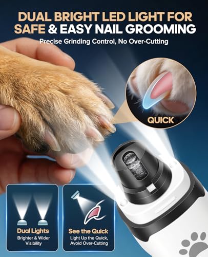 Dog Nail Grinder with 2 LED Lights, Upgraded 2-Speed Rechargeable Pet Nail Trimmer Quiet for Paw Grooming, Powerful Painless Nail Clipper Kit for Small, Medium, Large Dogs & Cats - color: White