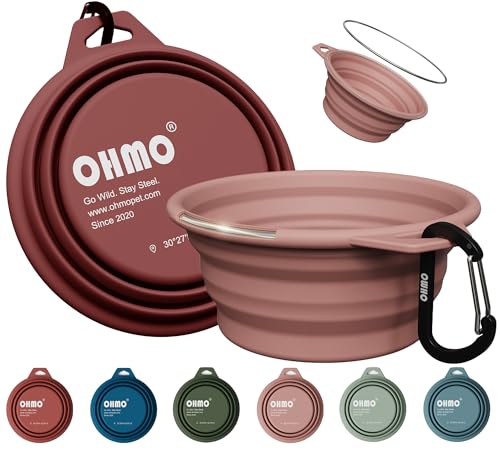 OHMO Collapsible Dog Water Bowls w/Built-in Stainless Steel Ring – 2pcs Small 12oz/400ml Portable Silicone Pet Feeding Bowl for Hiking, Camping, Travel - color: Erythrinus&Coral, size: Steel 2x12oz