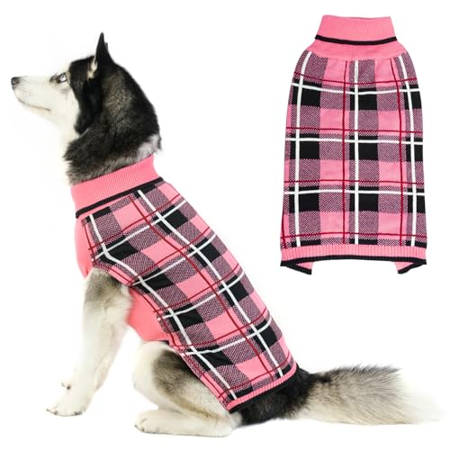 KOOLTAIL Dog Sweater Pet Knitted Clothes - Classic Plaid Pull Over Turtleneck Dog Sweaters with Leash Hole Warm Dogs Winter Pet Clothing for Small Medium Dogs Cats Puppy S - color: Plaid Pink, size: Small