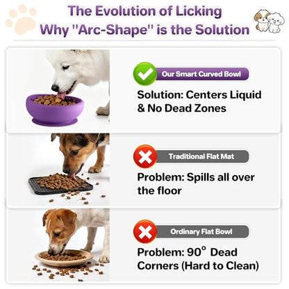 Dog Lick Bowl Slow Feeder with Slanted Anti-Spill Design, Extra-Thick Bite-Resistant Rim, Strong Suction Base, Freezer Safe for Frozen Treats — A Cleaner Alternative to Lick Mats for Dogs (Purple) - color: Purple