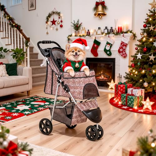 MoNiBloom 3 Wheels Pet Dog Cat Stroller for Small Medium Dogs Cats, Lightweight Foldable Jogger Stroller w/Storage Basket & Cup Holder, Leopard Print - color: Leopard Print