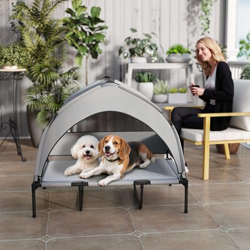 PawHut Elevated Dog Bed with Cooling Pad, Raised Outdoor Pet Bed with Removable Canopy, Breathable Mesh, Storage Bag, Portable Pet Cot for Indoor Outdoor Large Dogs, 42" x 30" x 37", Light Gray - size: 3.5' L x 2.5' W x 3.1' H