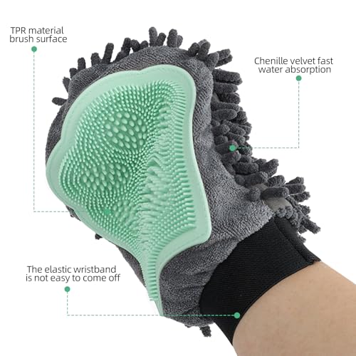 Green Double-Sided Dog Bath Glove Dog Washing Glove Massage Dog Brush Glove for Dogs and Cats Chenille Absorbent Pet Towel Mitt Pet Grooming Glove for Hair Removal Glove
