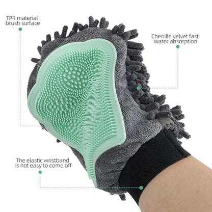 Green Double-Sided Dog Bath Glove Dog Washing Glove Massage Dog Brush Glove for Dogs and Cats Chenille Absorbent Pet Towel Mitt Pet Grooming Glove for Hair Removal Glove