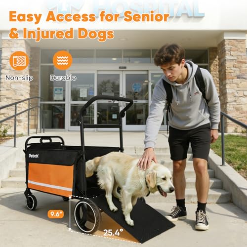 Petbobi Dog Wagon Stroller for Large & Medium Dogs, 2-in-1 Push Pull Pet Cart with Ramp, Foldable Wagon, 360° Swivel Wheels, Adjustable Handles, Safety Leashes, Orange - color: Orange