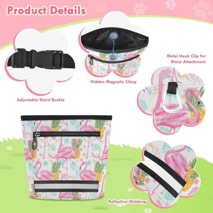 Flamingos Water-Resistant Dog Treat Pouch, 3 Ways to Wear Treat Bag with Magnetic Closure & Reflective Strip, Hands-Free for Pet Training, Walking
