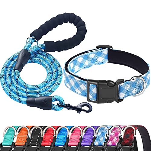 Ladoogo Reflective Dog Collar Padded with Soft Neoprene Breathable Adjustable Nylon Dog Collars for Small Medium Large Dogs (X-Small (Pack of 1), Vivid Blue Plaid Collar+Leash) - color: Vivid Blue Plaid Collar+Leash, size: X-Small (Pack of 1)