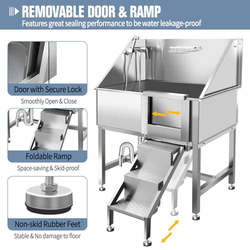 38" Dog Bathing Station, Professional Dog Washing Station Stainless Steel Dog Grooming Tub for Home,Equipped with Three Anti-Slip Steps, Removable Door, Pet Wash Station for Pet,R-RAMP - color: R-RAMP
