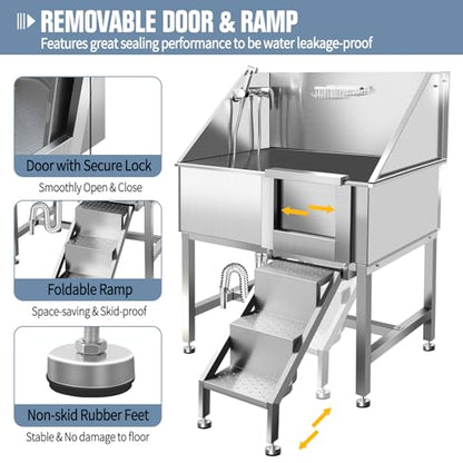 38" Dog Bathing Station, Professional Dog Washing Station Stainless Steel Dog Grooming Tub for Home,Equipped with Three Anti-Slip Steps, Removable Door, Pet Wash Station for Pet,R-RAMP - color: R-RAMP