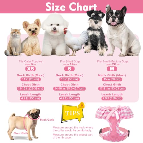 EXPAWLORER 귀여운 강아지 하네스 및 목줄 세트 - 핑크 여아용 강아지 하네스 체크 무늬 스텝인 디자인, 쉽게 조절 가능한 목 졸림 없는 경량 통기성 조끼 강아지 소형견 고양이 야외 산책, XS - color: 핑크, size: XS
