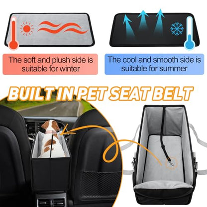 Portable Dog Car Seat for Small Dogs - Pet Booster Seat with Safety Leash, Adjustable Straps, Washable Cushion & Storage Pocket - Center Console Puppy Car Seat for Travel - Black