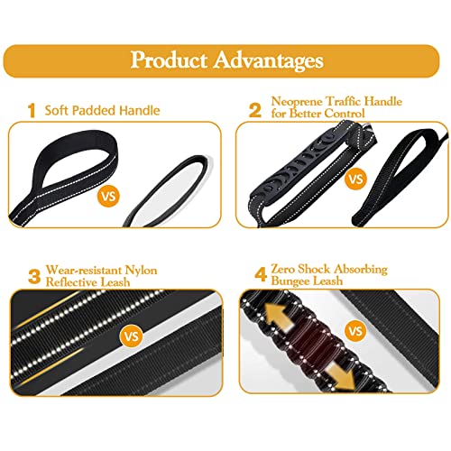 Fashion&Cool Heavy Duty Dog Leash Especially Large Dogs Up to 150lbs, 4-6 Ft Reflective Dog Walking Training Shock Absorbing Bungee Leash Car Seat Belt Buckle, 2 Padded Traffic Handle Extra Control - color: Black