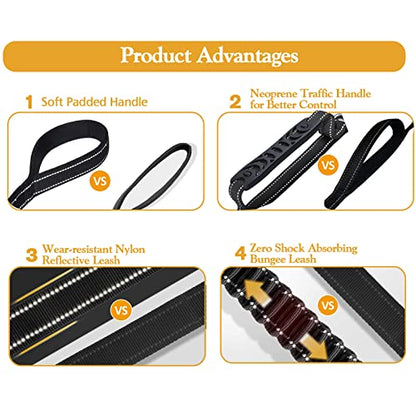 Fashion&Cool Heavy Duty Dog Leash Especially Large Dogs Up to 150lbs, 4-6 Ft Reflective Dog Walking Training Shock Absorbing Bungee Leash Car Seat Belt Buckle, 2 Padded Traffic Handle Extra Control - color: Black