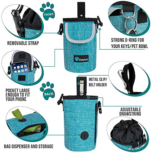 PetAmi Dog Treat Pouch, Large 3-Cup Dog Training Treat Bag with Poop Bag Dispenser, Hands-Free Waist Belt & Crossbody Strap, Reflective with Multiple Pockets & Belt Clip (Sea Blue) - color: Sea Blue