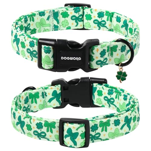 DOGWONG St Patrick's Day Dog Collar-Cute Green Clovers Dog Collar, Adjustable Cotton Shamrock Pet Collar Trefoil Puppy Collars with Quick Release Buckle,XS - color: A: St Patrick-Bowtie print, size: X-Small
