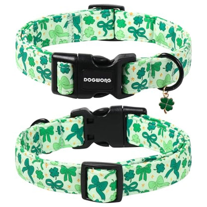 DOGWONG St Patrick's Day Dog Collar-Cute Green Clovers Dog Collar, Adjustable Cotton Shamrock Pet Collar Trefoil Puppy Collars with Quick Release Buckle,XS - color: A: St Patrick-Bowtie print, size: X-Small