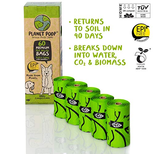 PLANET POOP Home Compostable Dog Poop Bags Extra-Long with Handles 60 Un-Scented Pet Waste Bags Plastic Free, Thick Leakproof Plant-Based Doggy Bag, Cats & Dogs Pet Supplies - size: 60 Count (Pack of 1)