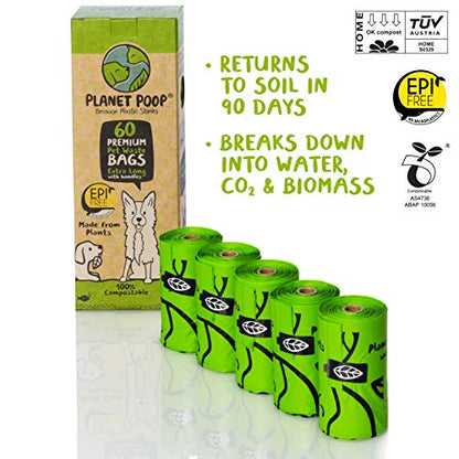 PLANET POOP Home Compostable Dog Poop Bags Extra-Long with Handles 60 Un-Scented Pet Waste Bags Plastic Free, Thick Leakproof Plant-Based Doggy Bag, Cats & Dogs Pet Supplies - size: 60 Count (Pack of 1)