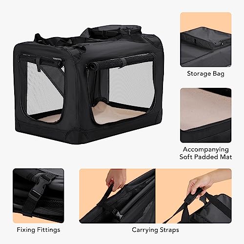 HICC PULE Collapsible Portable Kennel, 28 Inch Soft-Sided Pet Crate for Medium/Small Dogs, 3-Door Ideal for Travel, Indoor & Outdoor, Car Trips, Black