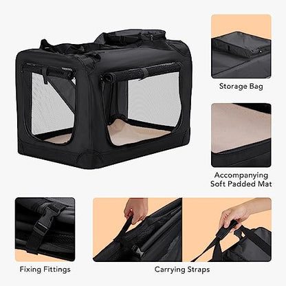 HICC PULE Collapsible Portable Kennel, 28 Inch Soft-Sided Pet Crate for Medium/Small Dogs, 3-Door Ideal for Travel, Indoor & Outdoor, Car Trips, Black