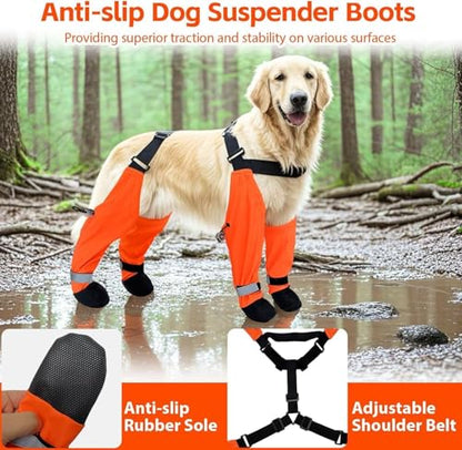 Dog Suspender Boots, Large Dog Rain Boots, Waterproof Dogs Boot Legging Pants, Anti-Slip Dogs Paw Protectors Stay-On Shoes with Suspenders for Outdoor Walk, Rain, Snow, Hike, Hot Pavement(S,Orangec) - size: Small