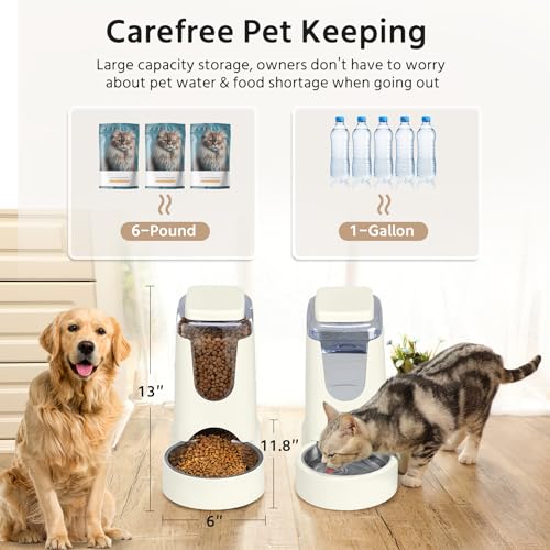 2 Pack Automatic Cat Feeder and Stainless Steel Water Dispenser, Gravity Dog Waterer Set Food Feeder and Waterer Set for Small Medium Kitten Puppy Pets (1 Gallon x 2, Ivory White) - color: 1 Gallon x 2 - Ivory White