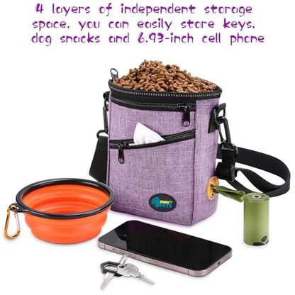 Ownpets Dog Training Pouch with Silicone Liner, Pet Treat Training Pouch with Collapsible Bowl, Shoulder Strap & Waist Strap, 4 Ways to Wear, Walking Fanny Pack for Dog Training - Purple - color: Purple