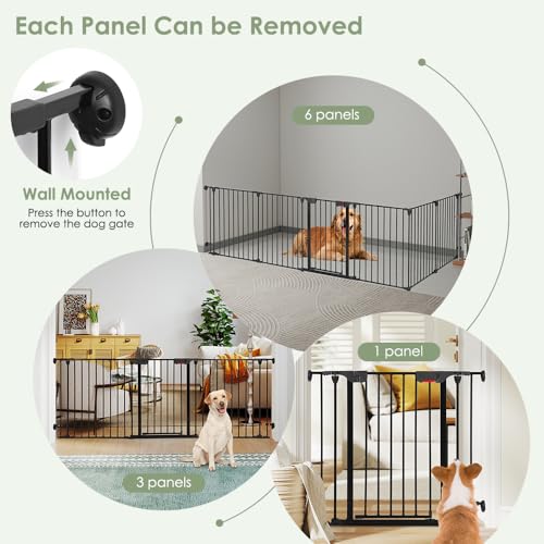 SMONTER Freestanding Dog Gate with Door Walk Through, 152" Extra Wide Foldable Dog Fence, 6 Panels 29" Tall Metal Pet Gate for Stairs, Hallways - size: 6 Panels 152" W x 29" H