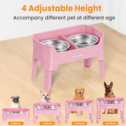 URPOWER 3-in-1 Elevated Dog Bowls - Mess Proof Double Deck 4 Height Adjustable Raised Stand with 2 Stainless Steel Food Bowls & Licking Plate for Small, Medium & Large Dogs - color: Pink, size: Large
