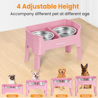 URPOWER 3-in-1 Elevated Dog Bowls - Mess Proof Double Deck 4 Height Adjustable Raised Stand with 2 Stainless Steel Food Bowls & Licking Plate for Small, Medium & Large Dogs - color: Pink, size: Large