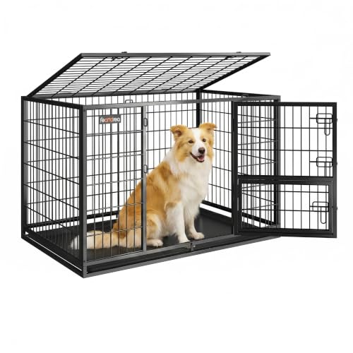 Feandrea 42.1 Inch Heavy Duty Dog Crate, Metal Escape Proof Kennel with Double Doors and Convenient Feeding Door, Removable Tray, Easy to Clean, XL Pet Crate for Large and Medium Dogs, Black - size: 42.1"L x 27.6"W x 29.5"H