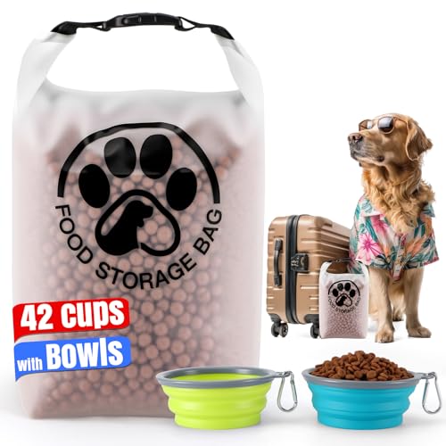 Pet Food Storage Bag for Travel - Transparent Leak-Proof Dog Food Container with Roll-Top Closure, Keeps Kibble Fresh for Camping Trip, Dog Boarding, Weekend Getaways (42 Cups+bowl) - size: 42 Cups+bowl
