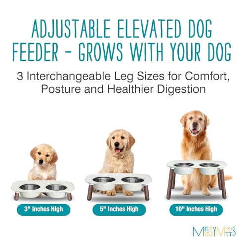 Messy Mutts Elevated Double Feeder with Stainless Bowls | Adjustable Height 3”, 5”, or 10” | Adjustable Standing Feeder for Dogs | 5 Cups per Bowl | Light Grey with Faux Wood Legs - color: Light Grey, Faux Wood Legs