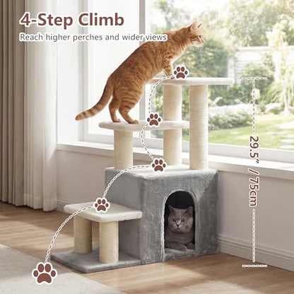 Heybly Cat Scratching Post, Sturdy Pet Stairs & Steps for Indoor Cats and Dogs, Small Cat Tree with Cat Condo, Full Wrapped Sisal Posts & Soft Rabbit-Like Plush Fabric, Light Gray & White HSP002SWWH - color: Light Gray