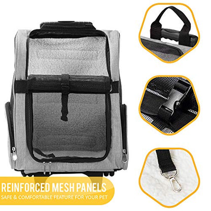 KOPEKS Deluxe Backpack Pet Travel Carrier with Double Wheels for Pets up to 10 Pounds - Black - Approved by Most Airlines - color: Grey, size: 13.0"L x 12.0"W x 20.0"H