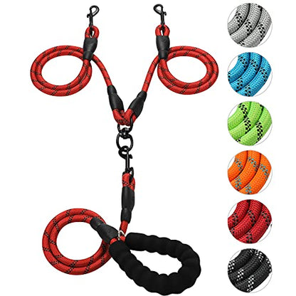 Double Dog Leash Reflective Detachable Coupler &360° Swivel Tangle Free, Heavy Duty Rope Leash Control with Padded Handle for Dual Large Medium Dogs Walking Running Training (Red) - color: Red