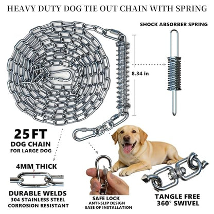 Heavy Duty Dog Tie Out Chain with Spring for Yard, 304 Stainless Steel 4MM Chew Proof Metal Leash for Large Dogs, 200lbs Shock Absorbing Dog Runner Cable (1 Spring+Chain/25ft) - size: 1 Spring+Chain/25ft/4MM/200lbs