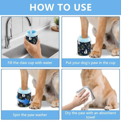 Tropical Palm Tree Blue Print Dog Paw Cleaner Cup with Soft Silicone Brush, Portable Small Lightweight Muddy Paw Washer for Dogs, Easy to Use Pet Foot Cleaner