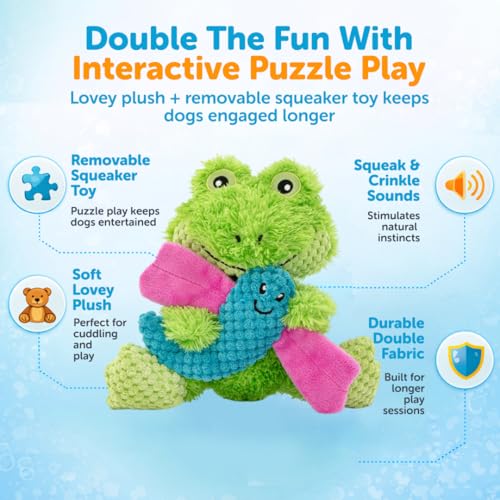 GURU Loveys Soft & Cuddly Frog Dog Toy with Removable Squeaker - Dog Toy with Multiple Textures to Stimulate Play & Engage Your Dog’s Instincts- Puzzle Dog Toy, Low-Pile & Bubble Plush - style: Frog