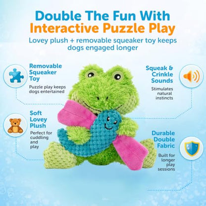 GURU Loveys Soft & Cuddly Frog Dog Toy with Removable Squeaker - Dog Toy with Multiple Textures to Stimulate Play & Engage Your Dog’s Instincts- Puzzle Dog Toy, Low-Pile & Bubble Plush - style: Frog