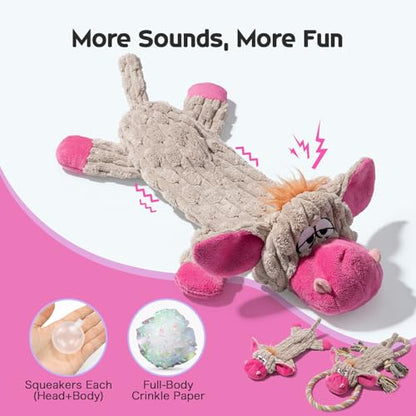 Funny Squeaky Dog Toys – No Stuffing Plush Donkey Chew Toys for Small, Medium and Large Dogs, Interactive Tug of War Pup Toys with Crinkle Paper & 2 Squeakers Each (2 Pack) - style: Donkey