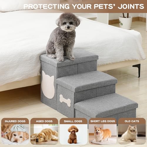 3-Step Wider Dog Steps for Bed 17" H, Foldable Dog Stairs with Storage, Non-Slip Pet Steps for Small Medium Large Dogs, Arthritis-Friendly Pet Stairs for Couch and Car Up to 200 lbs, Grey - size: 3-Step