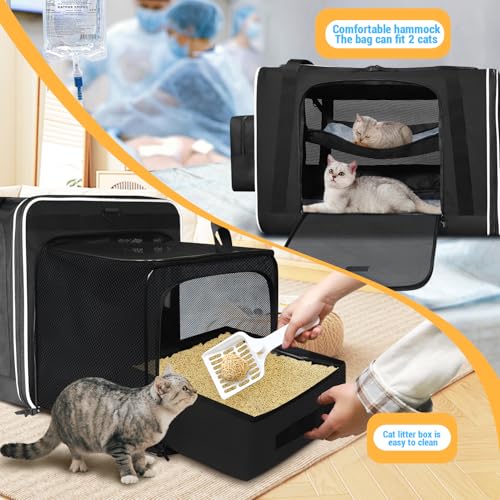 Petskd Side Expandable Extra Large Cat Carrier with Litter Box Area, 24"x17"x17" Soft-Sided Pet Carrier for 2 Cats Under 55 lbs with Zipper Locks for Car Travel(Black) - color: Black