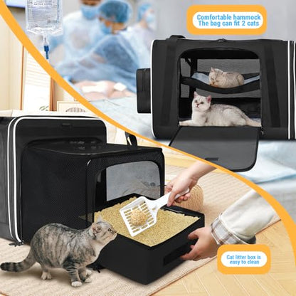 Petskd Side Expandable Extra Large Cat Carrier with Litter Box Area, 24"x17"x17" Soft-Sided Pet Carrier for 2 Cats Under 55 lbs with Zipper Locks for Car Travel(Black) - color: Black