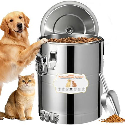 35lb Stainless Steel Dog Food Storage Container, Large Capacity Metal Pet Food Storage Container with Scoop, Airtight Dog & Cat Food Treat Bin for Dry Food Keep Fresh for Multi-Pet Households - size: 35lb