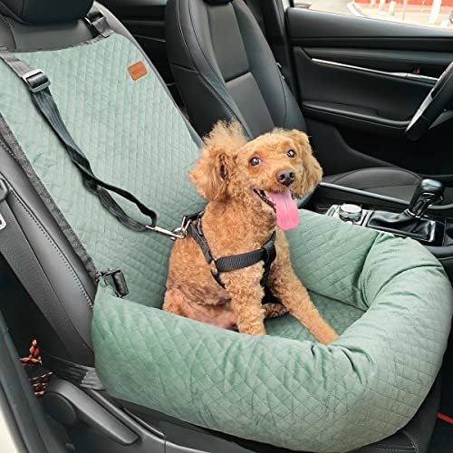 Dog Car Seat for Small Medium Dogs Pet Up to 40 lbs Green | Detachable Washable, Soft Pet Booster Travel Bed for Front & Seat with Safety Leash Belt - color: Green