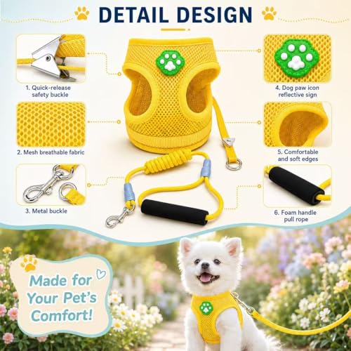 Dog Harness Small Sized and Leash Set, Step in Soft Light Puppy Vest, Breathable Mesh Pet Harness, Adjustable Pet Puppy Harness, Easy Walk Dog Harness, S: Chest 7.8-13.7" - color: Yellow, size: S: Chest 7.8-13.7" Leash 3.8 FT